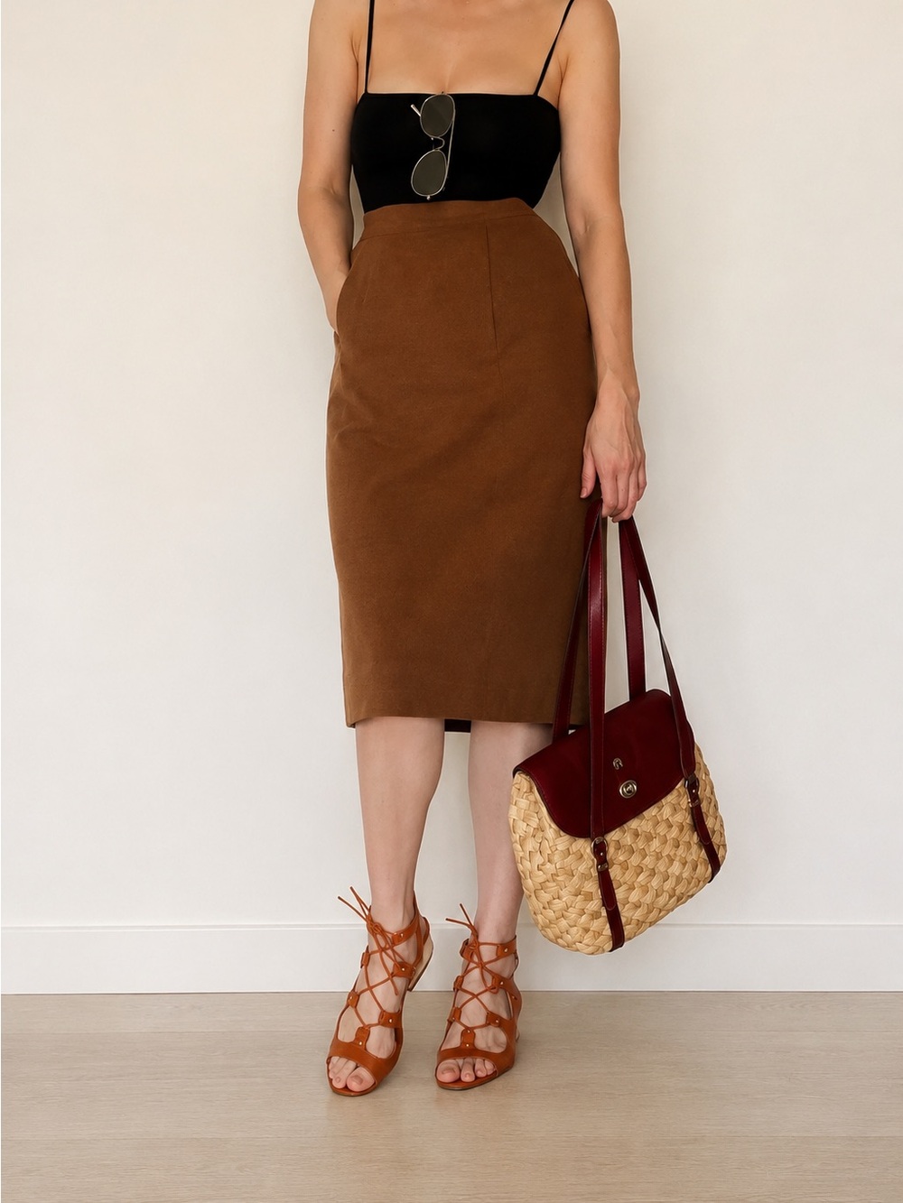 Vintage Hermès Paris 100% Cashmere Camel Midi Pencil Skirt FR44 / US12